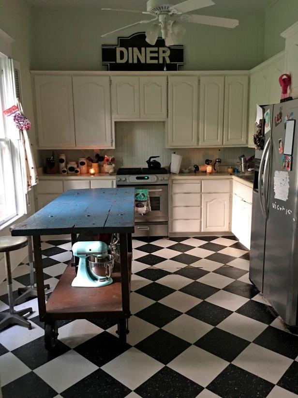 Before: A Dated Kitchen With Vinyl Checkerboard Floors