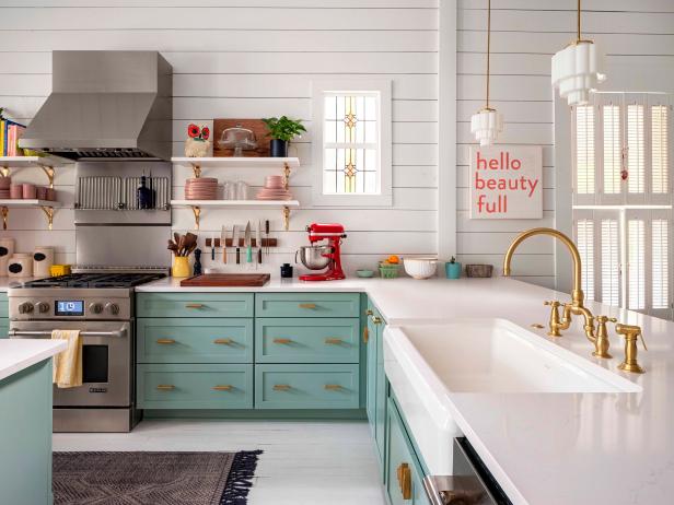 Modern Farmhouse Kitchen With Shiplap and Blue Cabinets