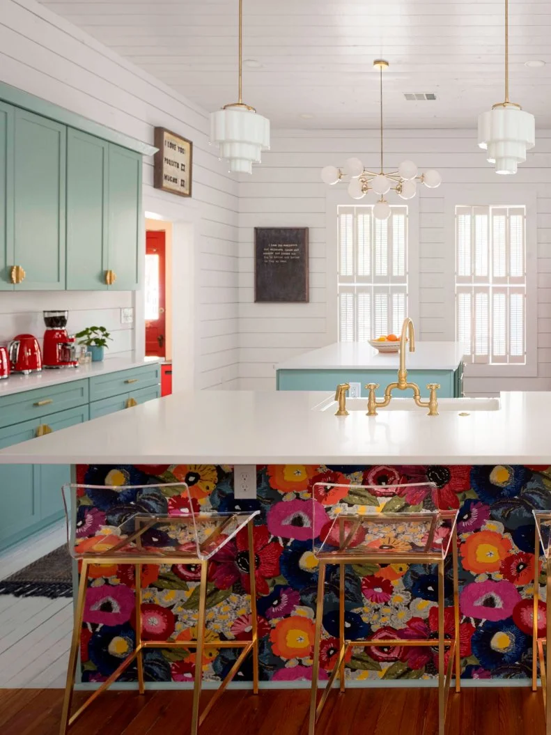 White Kitchen With Mint Cabinets and a Wallpapered Island