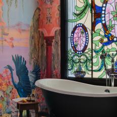 Colorful Wallpaper and Stained Glass in Transitional Bathroom