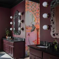 Plum-Colored Vanities Separated by Hallway in Colorful Transitional Bathroom