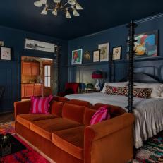 Blue Transitional Bedroom With Wainscoted Walls