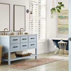 Transitional, Expansive Bathroom With a Light Blue Vanity