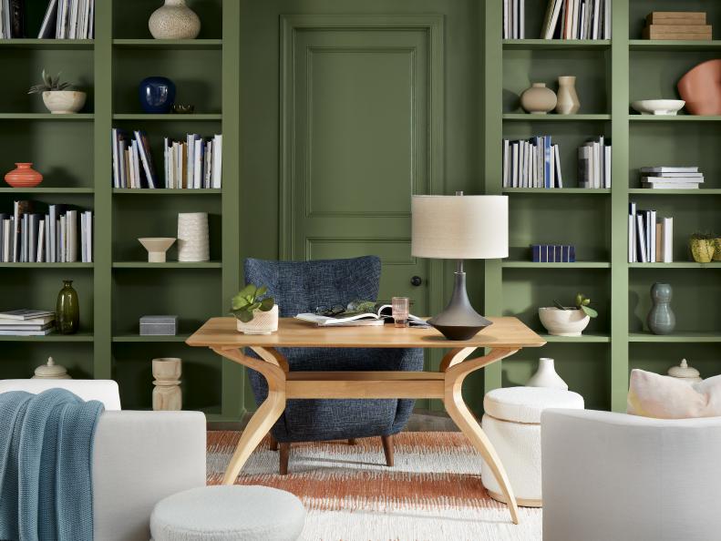 Modern Green Home Office With Built-In Shelves