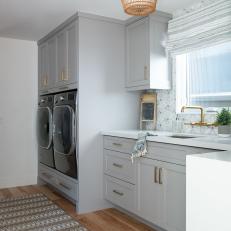 Gray Coastal Kitchen With Washer, Dryer