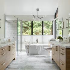 Neutral Contemporary Bathroom With Forest View