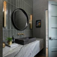 Gray Contemporary Powder Room With Black Mirror