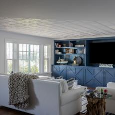 Living Room with Blue Built-In Shelving 