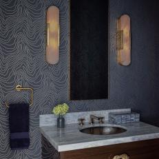 Bathroom Vanity Surrounded by Dramatic Wallpaper