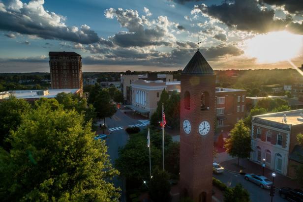 An aerial view of the Morgan Square Clock Tower in Spartanburg, S.C.