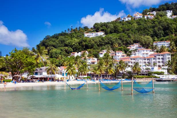 A view from the ocean of Windjammer Landing on St. Lucia.