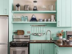 Small Kitchen With Pale Blue Cabinets
