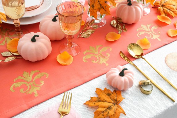 Enhance your dining table with a custom table runner. This one was created for a Thanksgiving table setting, but you can do this any time of year with any theme or pattern. 