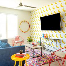 Colorful Family Room With Eclectic Wallpaper