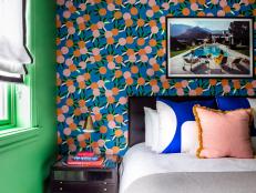 Modern Green Bedroom With Orange-Print Wallpaper