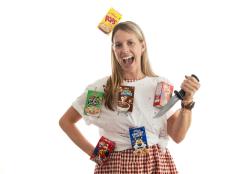 Girl covered in cereal boxes and holding a knife for Halloween. 