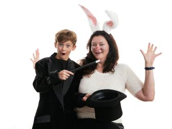 Woman dressed as a rabbit with child dressed as a Magician