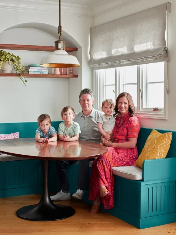 California Family's Kitchen With a Teal Banquette