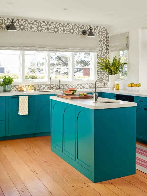 California Kitchen With Gray Patterned Tiles and Teal Cabinets