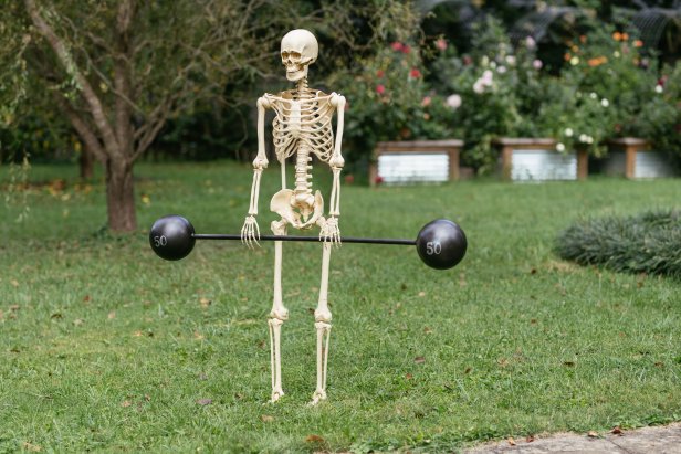 Skeleton standing with barbell in a front yard