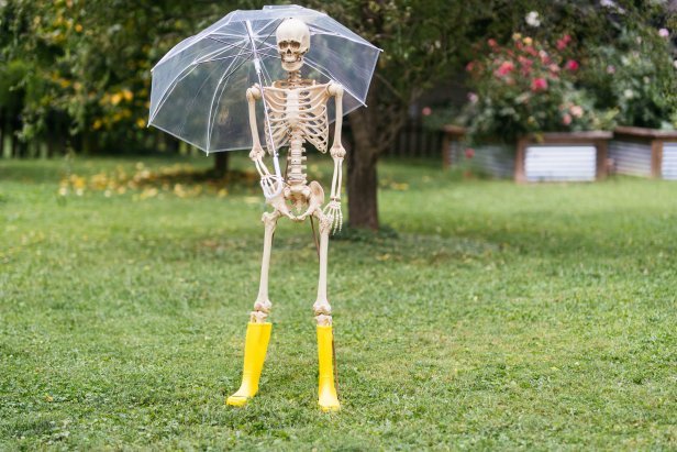 Skeleton with an umbrella and wearing yellow rubber boots