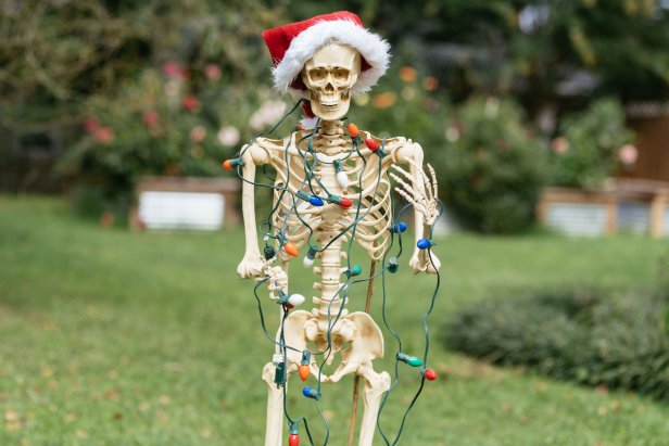 Life-size skeleton wearing a Santa Hat and holding Christmas lights