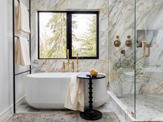 Neutral Spa Bathroom With Gold Marble Wall