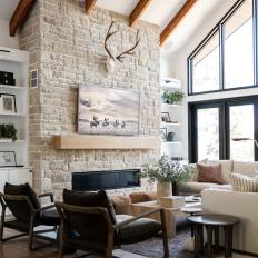 Neutral Transitional Living Room With Antlers