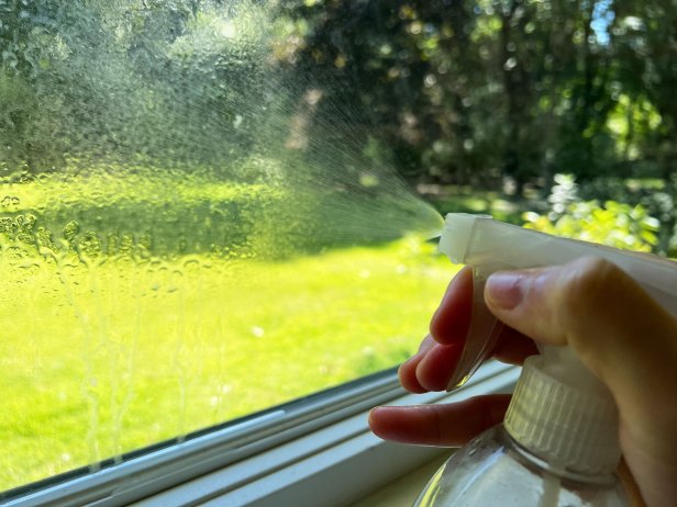 Using DIY window cleaner made of cornstarch to clean a dirty window.