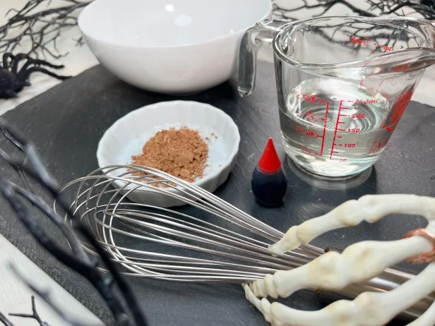 Tools and ingredients needed to make fake blood