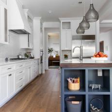 White Transitional Kitchen With Gray Cube Shelves