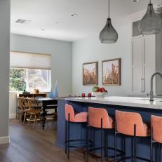 Transitional Eat In Kitchen With Pink Barstools