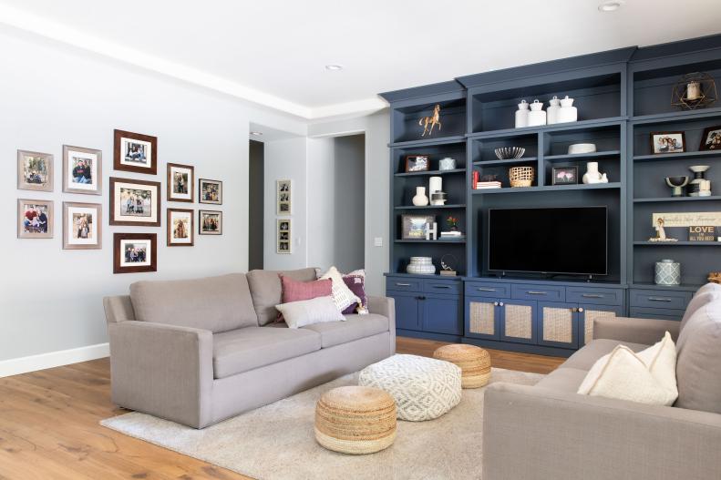 Living Room With Blue Bookshelf