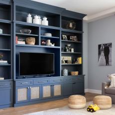 Living Room With Navy Built In Shelf
