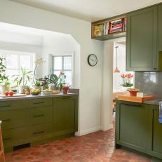 Green Transitional Kitchen With Red Tile Floor