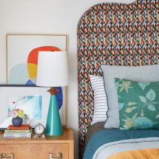 Multicolored Eclectic Bedroom With Blue Lamp
