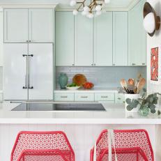 Blue Transitional Kitchen With Red Barstools