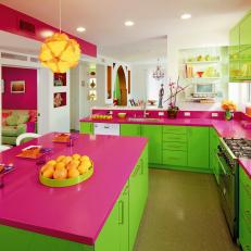 Neon Contemporary Kitchen With Green Cabinets and Pink Countertops 