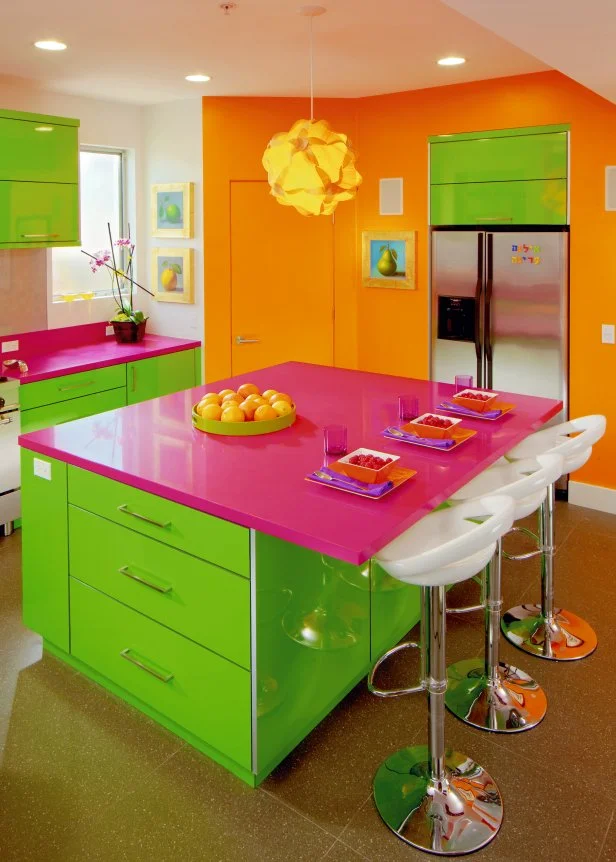 Bright pink and green island with orange walls. 