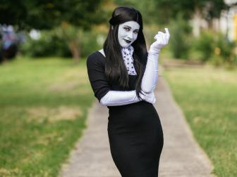 Woman dressed as a black and white Hollywood star.