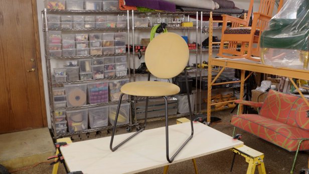 This basic piece from a So Cal thrift store is perfect for beginners: Its foam appears to be intact, it comes apart with simple hardware, and its two upholstered surfaces have simple shapes that will make razoring away the old fabric a snap.