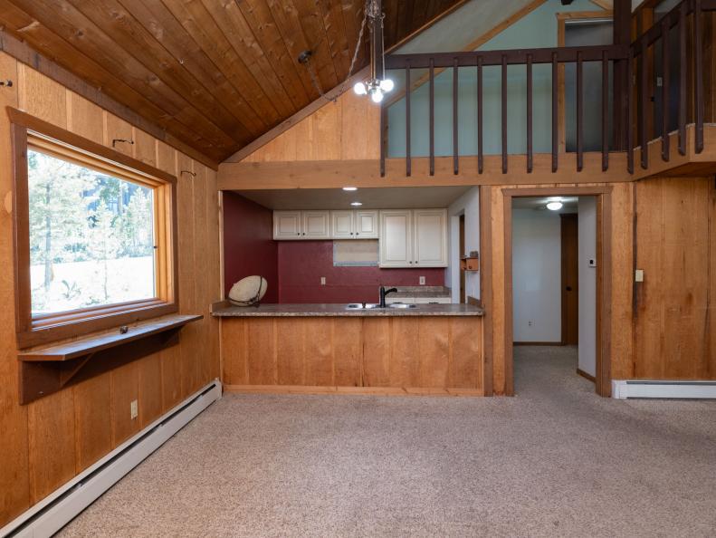 Before shot of Team Kim Myles kitchen and dining room, as seen on Battle on the Mountain, Season 1.