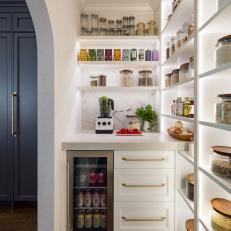 Walk-In Pantry With Wine Fridge and Shelves