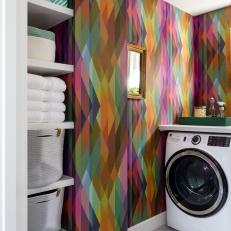 Laundry Room With Geometric Wallpaper