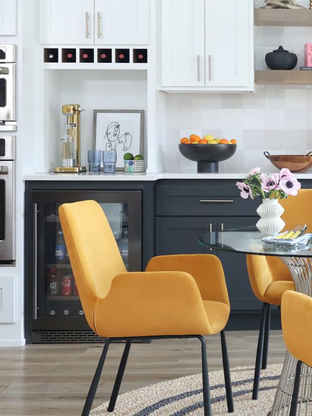 Drink Station in a Transitional Kitchen With Modern Yellow Chairs