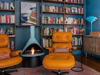 Blue Den With Bookshelves and a Gel Fireplace