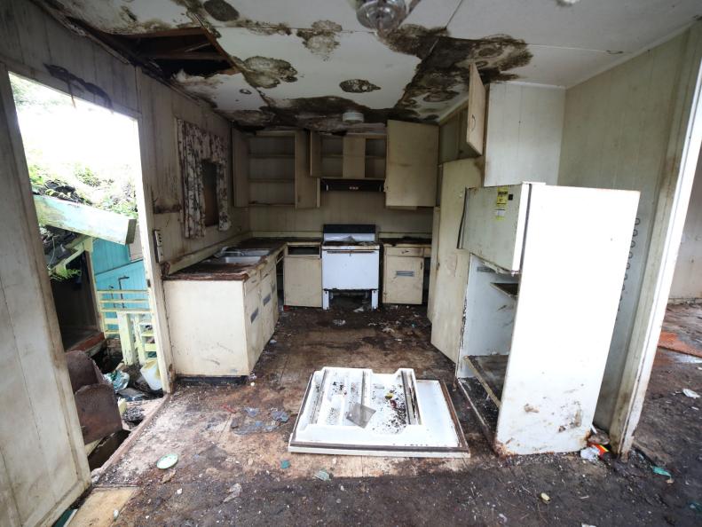 Deteriorated Kitchen before renovation, as seen on Living Aloha.