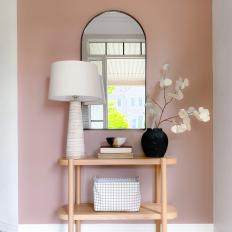 Pink, Boho Entry With a Light Wood Console