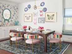 Whimsical Pink and Blue Dining Room With a Butterfly Gallery Wall
