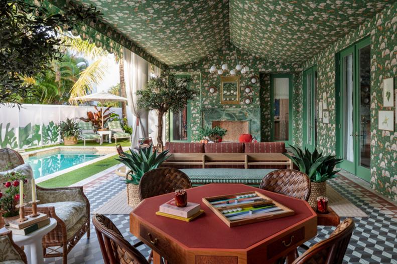 Designer Redmond Aldrich offers a fresh spin on Dorothy Draper's tented poolscape at the Greenbrier resort with this lavish, elegant design for the 2024 Kips Bay Decorators Show House in Palm Beach.